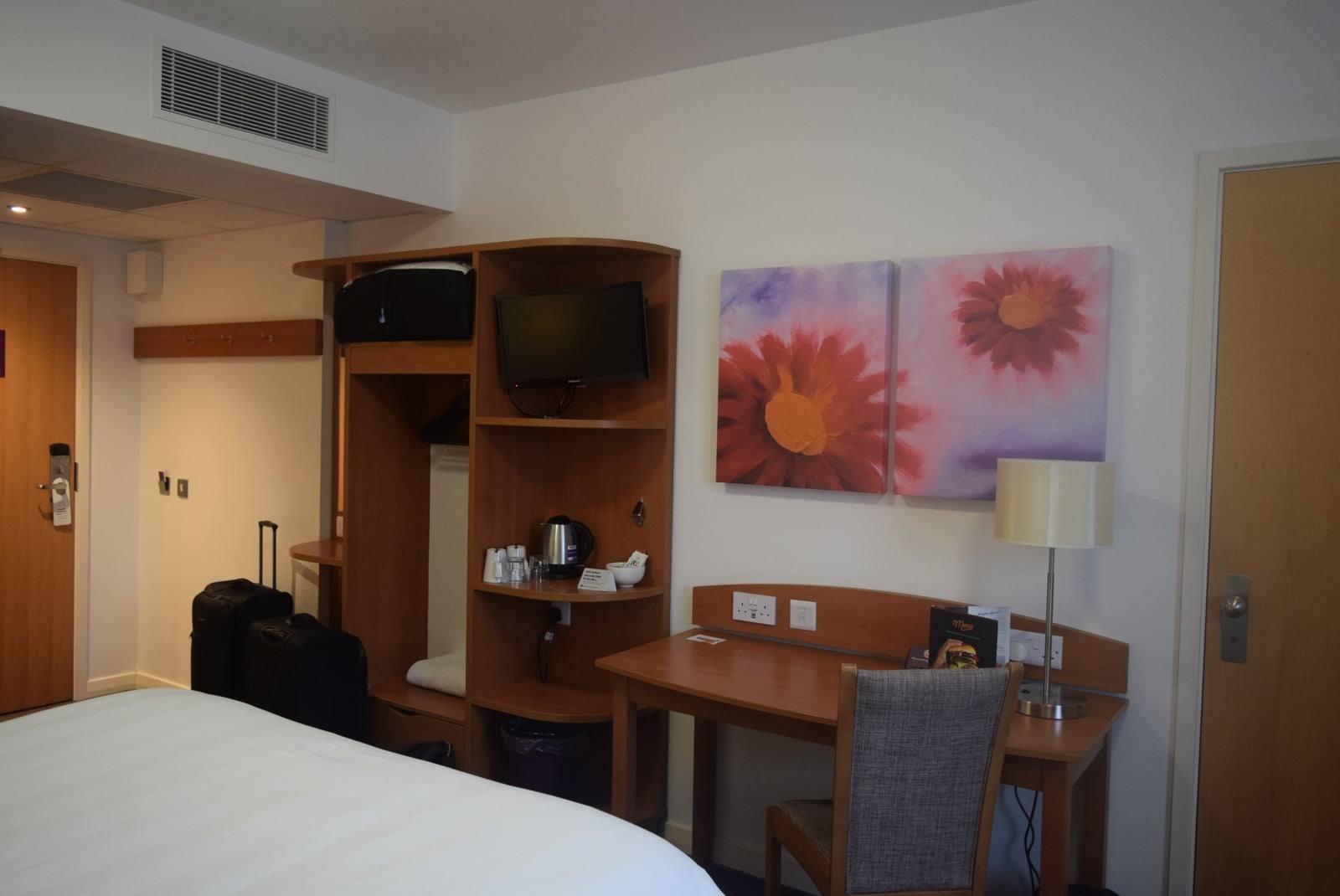 A guest room at the Premier Inn London Stansted Airport