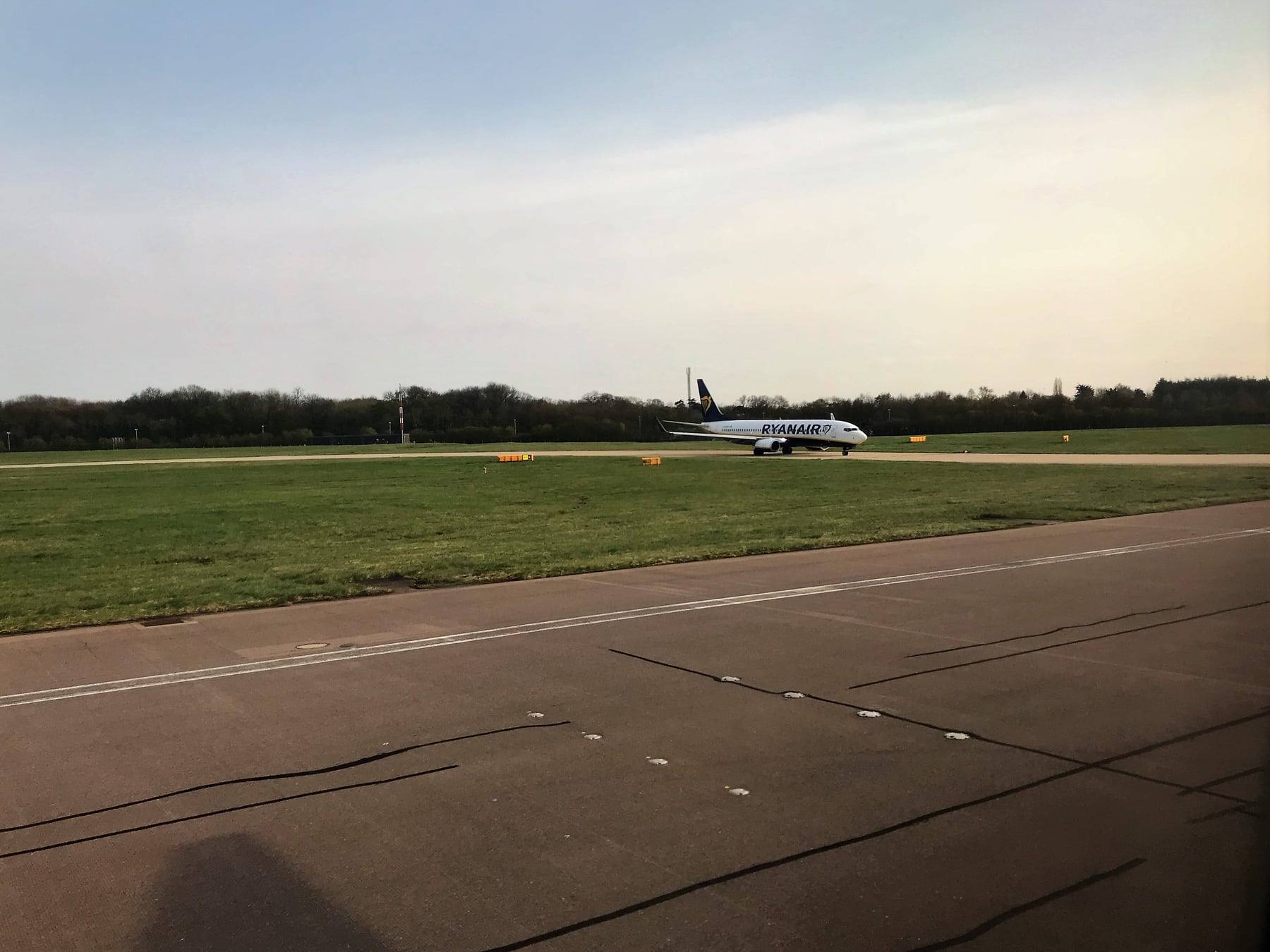 A Ryanair aircraft taxiing at London Stansted Airport