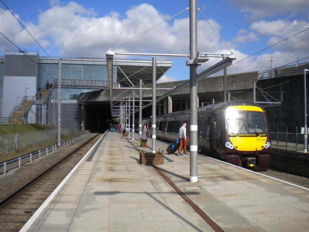 A CrossCountry train at the open-air platforms of Stansted Airport railway station